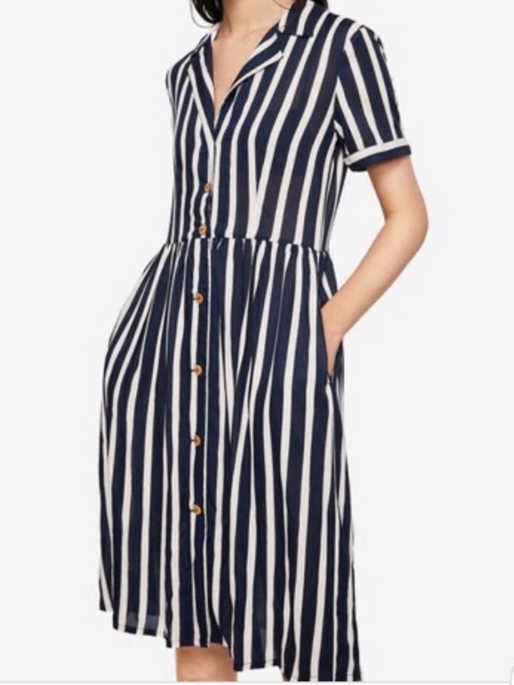 Mango Navy and White Vertical Stripe Button-Front Dress